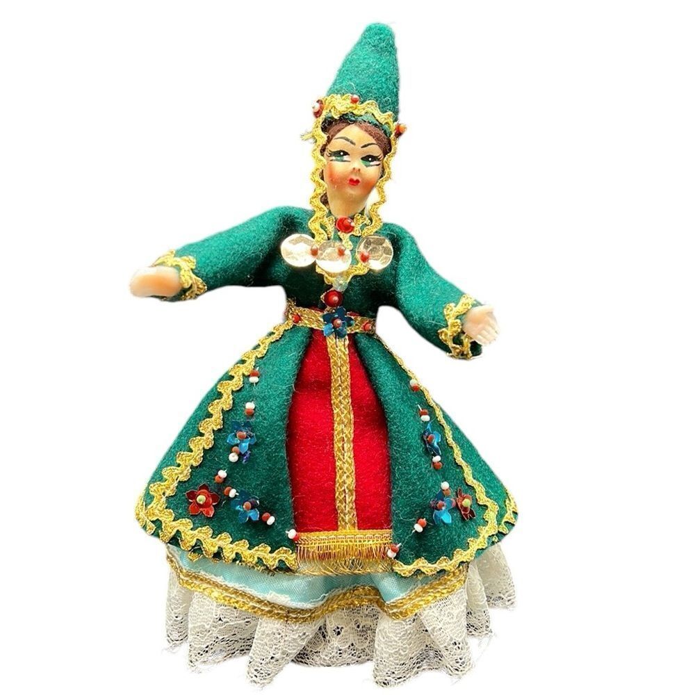 Vintage Folk Art Doll Paper Mache Face Green Dress Felt Ethnic Costume 8”